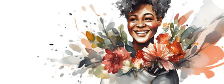 African american woman holding gift and flowers bouquet. watercolor illustration. Happy Mothers day, Women day, Teachers Day, Valentines Day long wide banner with copy space. AI generated contentの素材