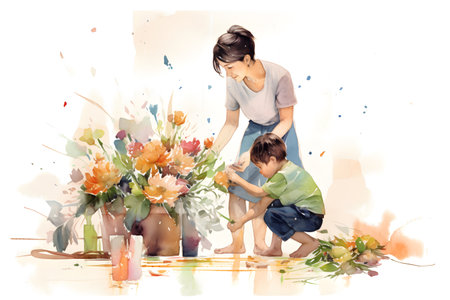 Mothers Day holiday greeting card watercolor style illustration with young mother and her son caring flowers. AI generated contentの素材