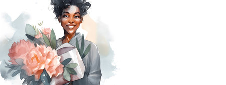 African american woman holding gift and flowers bouquet. watercolor illustration. Happy Mothers day, Women day, Teachers Day, Valentines Day long wide banner with copy space. AI generated contentの素材