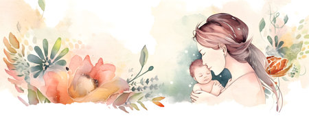 Mothers Day greeting banner watercolor style illustration with young mother and her child on floral background. AI generated contentの素材