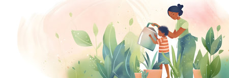Mothers Day banner watercolor style illustration with young POC people of color mother and her child watering their home plants green garden. background with copy space. AI generated contentの素材