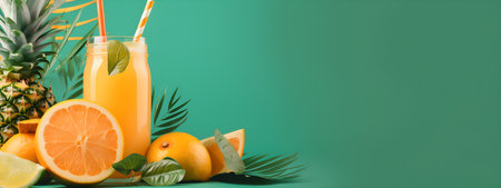 Non alcoholic cold summer cocktail drink or lemonade in glass. Bright tropical fruits fancy mocktail long wide banner with green background. AI Generative contentの素材