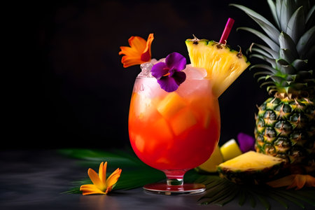 Non alcoholic cold summer cocktail drink or lemonade in glass. Bright fruity fancy mocktail on dark colors background with copy space. AI Generative contentの素材