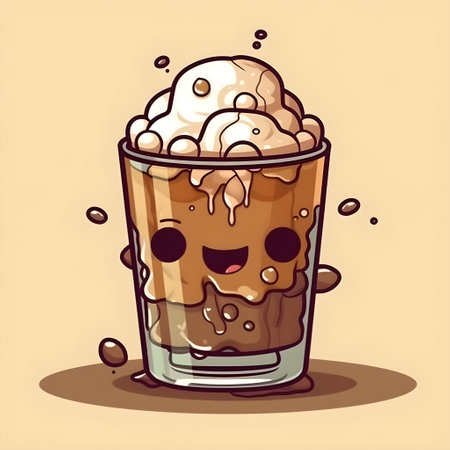 Non alcoholic cold summer ice coffee drink or cold foam in cup. Bright fancy mocktail Japanese Kawaii Chibi style character square illustration. AI Generative contentの素材