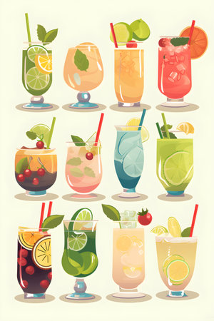Non alcoholic cold summer cocktail drinks and lemonades in different glasses set. Bright fruity fancy mocktails Japanese Chibi style illustration vertical format in retro colors. AI Generative contentの素材