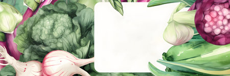 Fresh spring greens and vegetables on wide long banner set collection watercolor illustration background with copy space. Vegetarian composition for farmers markets. AI Generative contentの素材