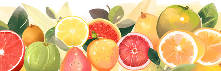 Set collection of different citruses and fruits on wide long banner illustration background. AI Generative contentの素材