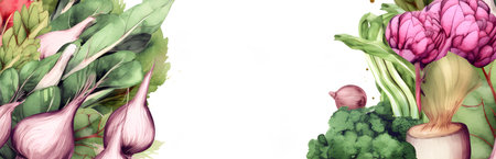 Fresh spring greens and vegetables on wide long banner set collection watercolor illustration background with copy space. Vegetarian composition for farmers markets. AI Generative contentの素材