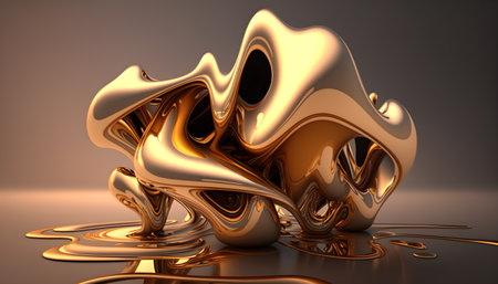 Metallic swirls morphing abstract fluid art background. Free flowing smooth golden waves, drops of liquid chrome metal with iridescent soft pink glowing. Futuristic curve forms. AI Generative contentの素材