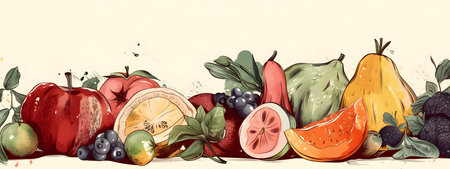 Set collection of different vegetables and fruits on wide long banner Japandi illustration background with copy space. AI Generative contentの素材