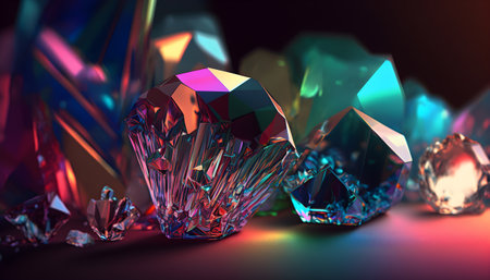 Magical iridescent crystals gemstone with sparkling glow and golden glimmer. Precious quartz stone natural background. AI Generative contentの素材