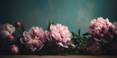 Blooming pink and white peony flowers wide long banner dark moody floral background with copy space. Seasonal invitation and celebration greeting concept. AI Generative contentの素材