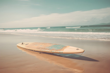 Surfboard on long sandy deserted ocean beach. Retro style natural background with copy space. AI generated contentの素材
