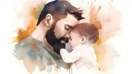 Fathers Day greeting card watercolor style illustration with young caucasian father and his little baby child. AI generated contentの素材