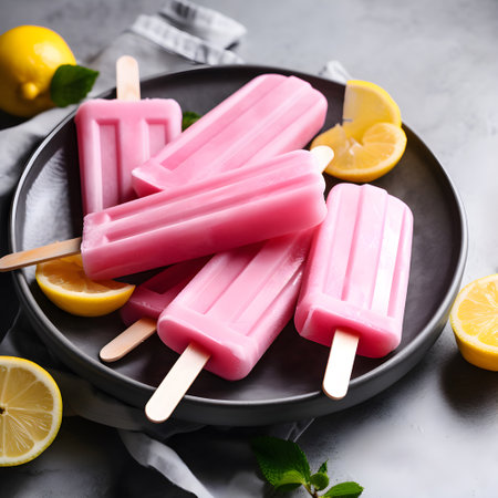 Pastel pink lemonade popsicles ice cream and lemons on plate on table. Homemade healthy vegan treats with citrus flavor top view on gray square background. AI Generative contentの素材