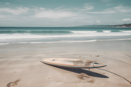 Surfboard on long sandy deserted ocean beach. Retro style natural background with copy space. AI generated contentの素材