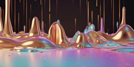 Metallic swirls morphing abstract fluid art background. Free flowing smooth golden waves, drops of liquid chrome metal with iridescent glowing. Futuristic curve forms. AI Generative contentの素材