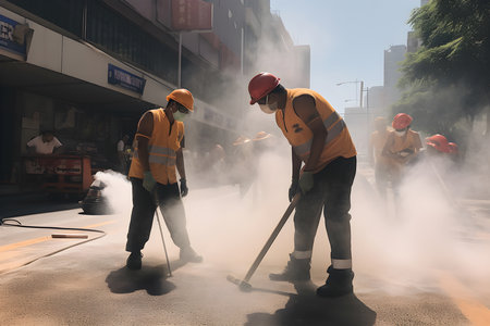 Road repairs workers doing their job in challenging summer conditions, high temperatures hot weather on city busy street. Hard manual labor with health risks. AI Generative contentの素材