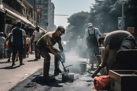 Road repairs workers doing their job in challenging summer conditions, high temperatures hot weather on city busy street. Hard manual labor with health risks. AI Generative contentの素材