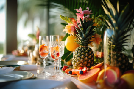 Romantic holiday table setting with candles, flowers, wine glasses and stunning decoration. Summer seasonal decor for dining party, outdoor cerebration tropical themed. AI Generative contentの素材