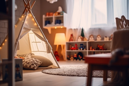 Cozy children room interior in neutral colors design with natural light and lights garland. Stylish cute apartment. AI Generative contentの素材