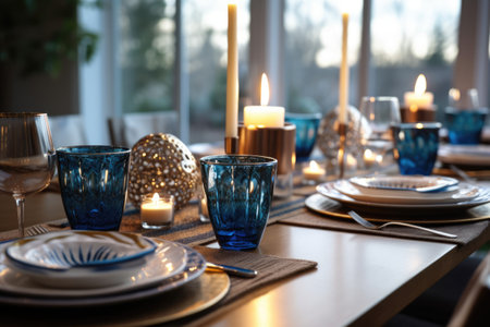 Romantic holiday table setting with candles, flowers, wine glasses and stunning decoration. Summer seasonal decor for dining party, indoor cerebration, dating, anniversary. AI Generative contentの素材