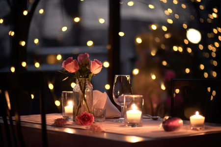 Romantic holiday table setting with candles, flowers, wine glasses and stunning decoration. Summer seasonal decor for dining party, indoor cerebration, dating, anniversary. AI Generative contentの素材