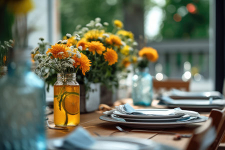 Romantic holiday table setting with candles, flowers, wine glasses and stunning decoration. Summer seasonal decor for dining party, indoor cerebration, dating, anniversary. AI Generative contentの素材