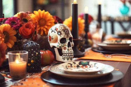 Fall autumn Halloween holiday lifestyle table setting with candles lights, wine glasses and decoration. Seasonal decor with pumpkins and skulls for dining party cerebration. AI Generative contentの素材
