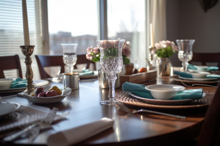 Romantic holiday table setting with candles, flowers, wine glasses and stunning decoration. Summer seasonal decor for dining party, indoor cerebration, dating, anniversary. AI Generative contentの素材
