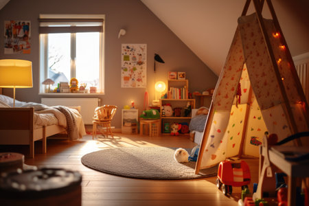 Cozy children room interior in neutral colors design with natural light and lights garland. Stylish cute apartment. AI Generative contentの素材