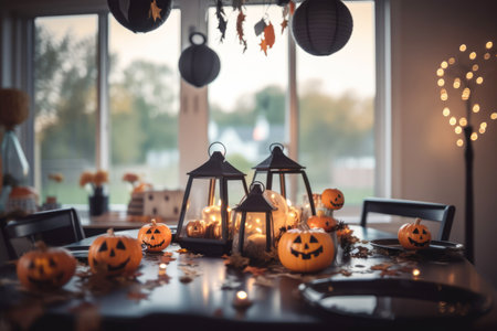 Fall autumn Halloween holiday lifestyle table setting with candles lights, wine glasses and decoration. Seasonal decor with pumpkins and skulls for dining party cerebration. AI Generative contentの素材