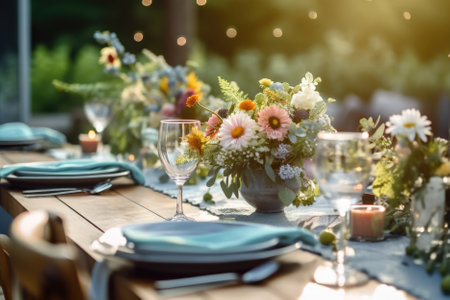 Romantic holiday table setting with candles, flowers, wine glasses and stunning decoration. Summer seasonal decor for dining party, outdoor cerebration, dating, anniversary. AI Generative contentの素材