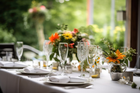 Romantic holiday table setting with candles, flowers, wine glasses and stunning decoration. Summer seasonal decor for dining party, outdoor cerebration, dating, anniversary. AI Generative contentの素材