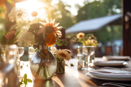 Romantic holiday table setting with candles, flowers, wine glasses and stunning decoration. Summer seasonal decor for dining party, indoor cerebration, dating, anniversary. AI Generative contentの素材