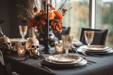 Fall autumn Halloween holiday lifestyle table setting with candles lights, wine glasses and decoration. Seasonal decor with pumpkins and skulls for dining party cerebration. AI Generative contentの素材