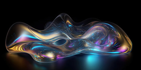 Metallic swirls morphing abstract fluid art background. Free flowing smooth golden waves, drops of liquid chrome metal with iridescent glowing. Futuristic curve forms. AI Generative contentの素材