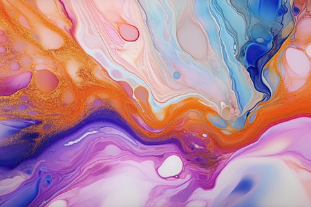 Color ink morphing abstract fluid art background. Free flowing smooth waves, transparent drops of liquid pastel colors paints. AI Generative contentの素材