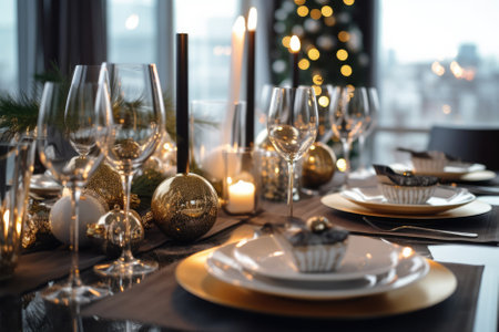 Christmas and New Year lifestyle table setting with candles, Christmas tree, ornaments decoration, wine glasses and lights. Holiday seasonal decor for dining party cerebration. AI Generative contentの素材