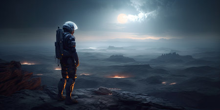 Astronaut exploring stunning extraterrestrial landscape during dangerous spacewalk mission. Futuristic cosmic background with rock mountains. AI Generative contentの素材
