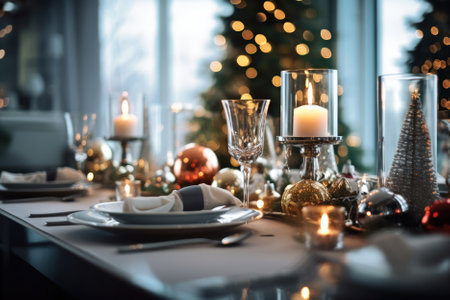 Christmas and New Year lifestyle table setting with candles, Christmas tree, ornaments decoration, wine glasses and lights. Holiday seasonal decor for dining party cerebration. AI Generative contentの素材