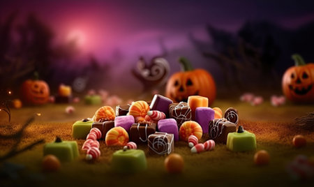 Halloween sweet colorful candies dark color background with copy space. Halloween trick or treat tradition concept for sales event flayers, promotions and greeting postcards. AI Generative contentの素材