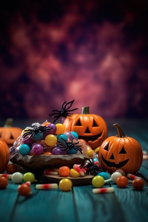 Halloween sweet colorful candies dark color vertical background with copy space. Halloween trick or treat tradition concept for sales event flayers, promotions. AI Generative contentの素材