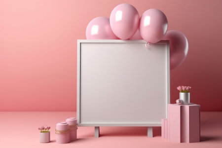 Birthday mockup decorated with pastel pink color balloons and gifts. Holiday background in 3D render plastic style in monochrome colors with copy space. AI Generative contentの素材