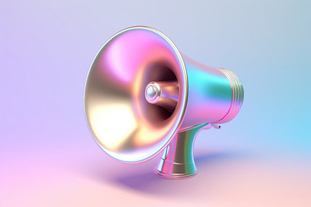 Holographic metallic 3D megaphone loudspeaker on gradient pastel colors background. Futuristic iridescent object, neon concept for sale promotion, activism protests, audio. AI Generative contentの素材