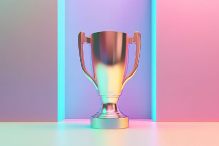 Holographic metallic 3D golden trophy award cup on gradient pastel colors background. Iridescent object, competition winner prize concept. AI Generative contentの素材