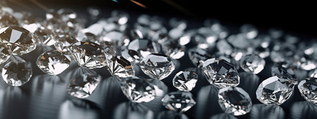 White diamonds gemstone closeup background in dark colors wide long banner format. Precious jewel stones sparkling with spectrum gleam macro on dark surface. AI Generative contentの素材
