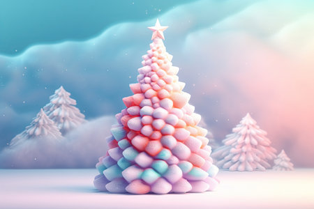 Christmas tree 3D gradient pastel colors background. Cute cartoonish candy colors Christmas decoration made with bubbly geometrical forms for event flayers, greeting postcards. AI Generative contentの素材