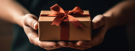 Female hands with beautiful present box holiday background. Unrecognizable caucasian woman holding gift box with bow. Birthday, Valentine day, Mother day, Christmas banner. AI Generative contentの素材