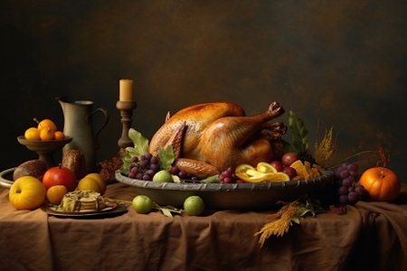 Thanksgiving Day, Christmas holiday celebration background with festive food, autumn harvest ingredients and prepared meals, pumpkins, pie, comfort food dishes, roasted turkey. AI Generative contentの素材